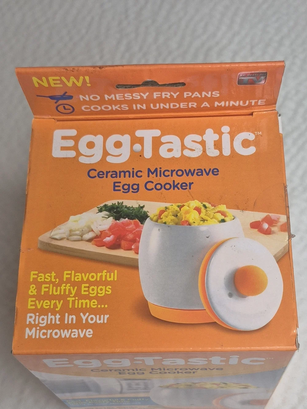 EggTastic ET011112 Ceramic Microwave Egg Cooker, White/Orange
